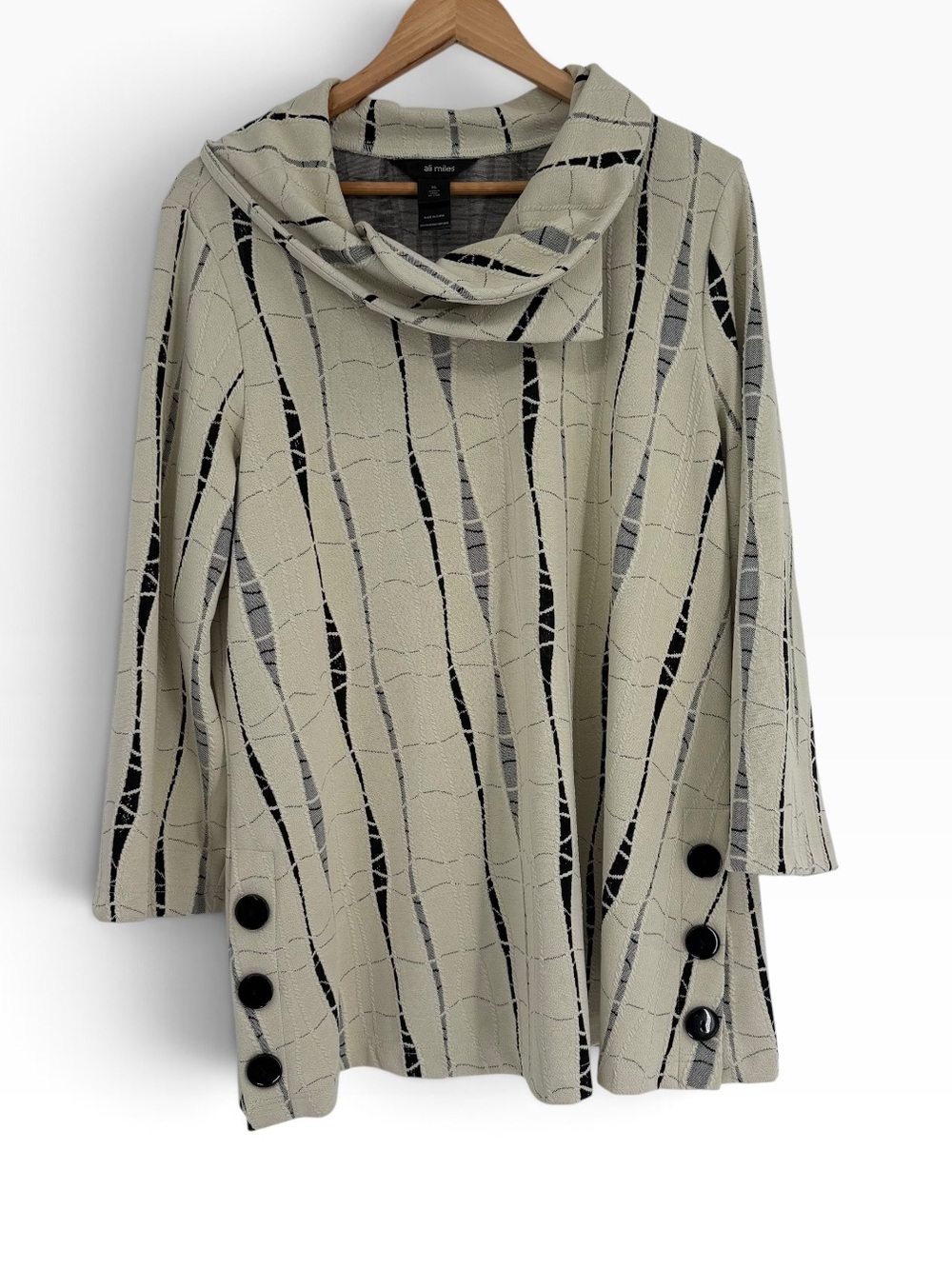 Ali Miles Tunic Top Blouse Size XL Cowl Neck 3/4 Sleeves Lagenlook Cream Black